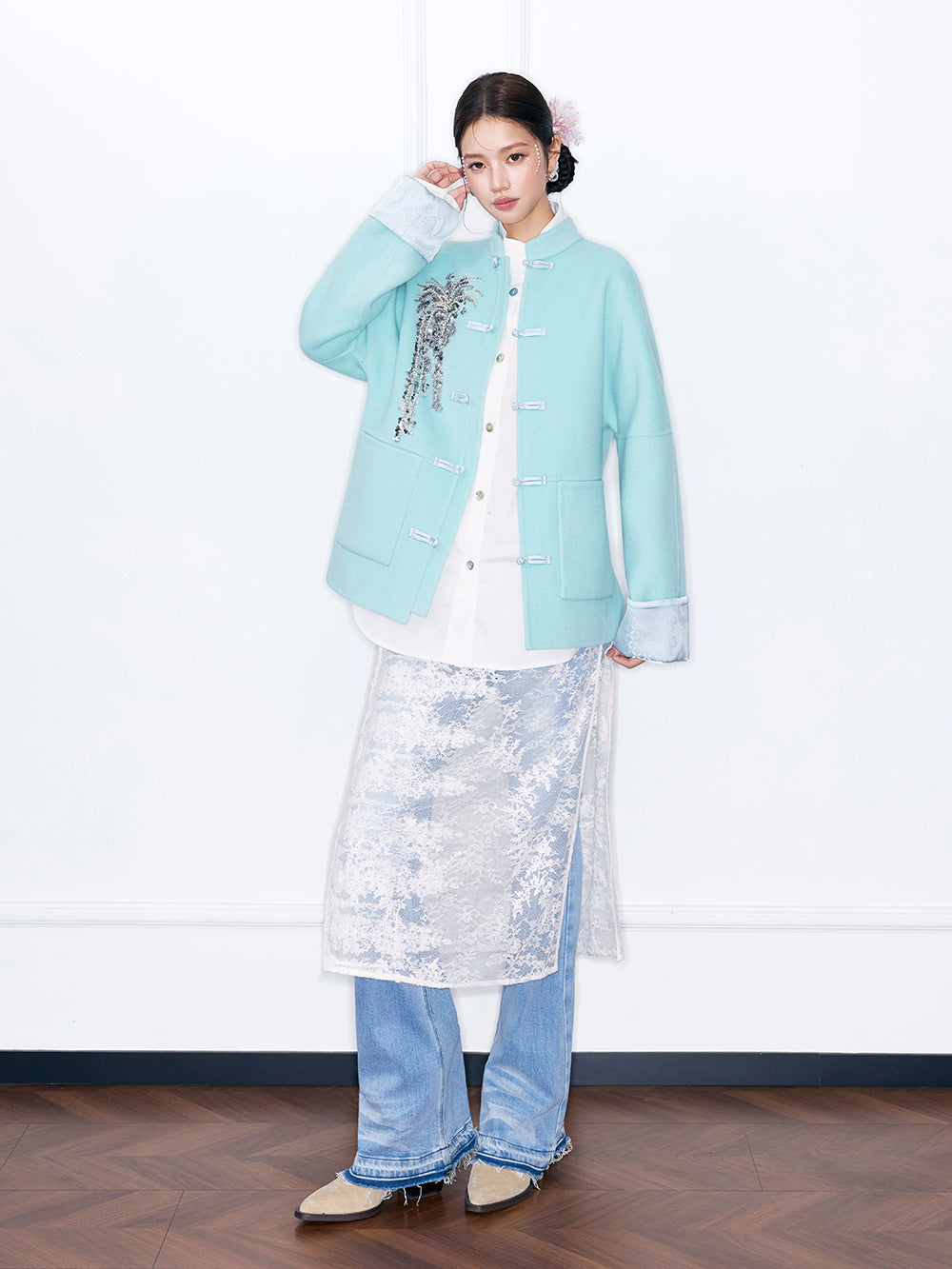 MUKZIN¡°Capsule Collection¡±Chinese Style Tang Suit Jacket, Embroidered Frog Button Wool Blend Coat for Women