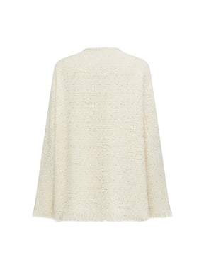 MUKZIN“Realm of Ethereal Mist”Off - White Tweed Cardigan with Sequin Embroidery and Fringes
