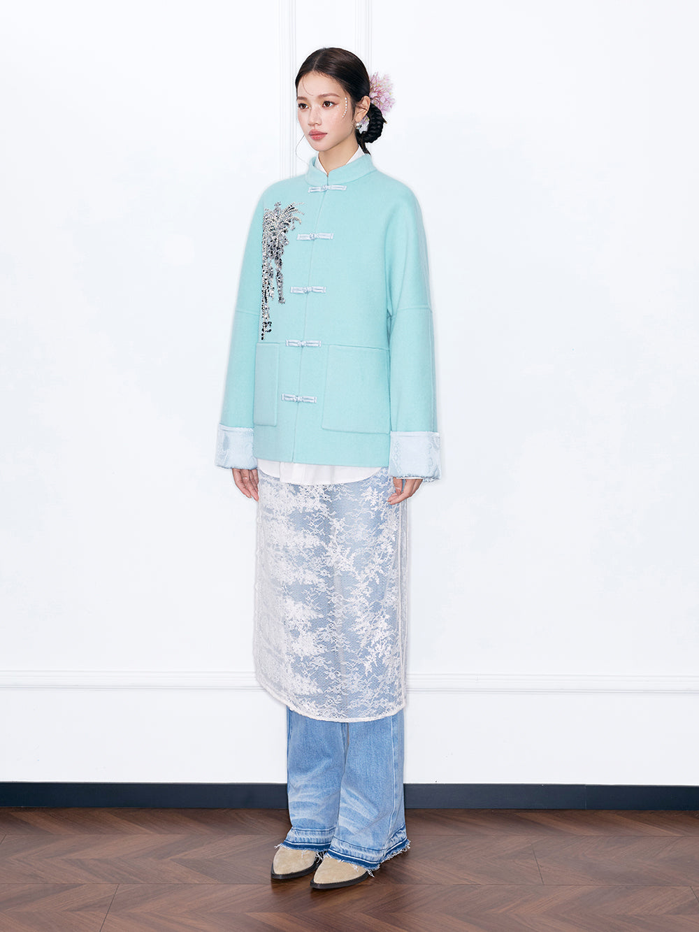 MUKZIN¡°Capsule Collection¡±Chinese Style Tang Suit Jacket, Embroidered Frog Button Wool Blend Coat for Women