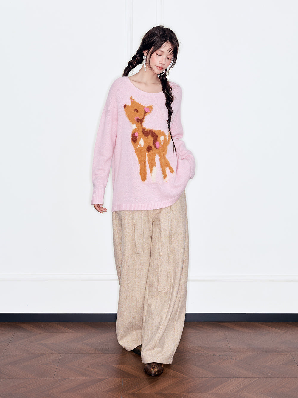 MUKZIN“The Sequence of Deer's Call”Light Blue/Soft Pink Deer Pattern Oversized Fuzzy Knit Sweater