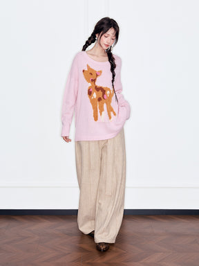 MUKZIN“The Sequence of Deer's Call”Light Blue/Soft Pink Deer Pattern Oversized Fuzzy Knit Sweater