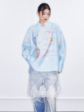 MUKZIN  SpringPrelude "Fortunate Tiger Soaring through Clouds" Loose Stand - collar Translucent Chinese - style Shirt