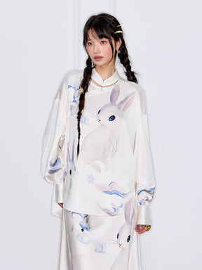 MUKZIN“Capsule Collection”New Chinese Style National Style Jade Rabbit Print Oblique Placket Blouse