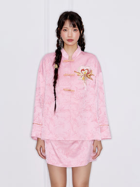 MUKZIN“Capsule Collection”Pink Jacquard Frog Button Jacket with Floral Embroidery, Loose Short Style