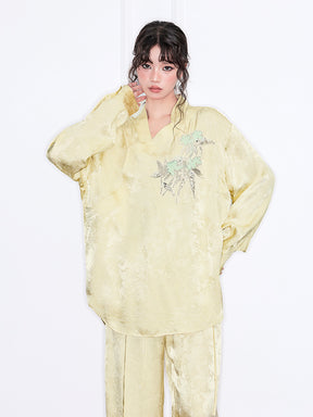 MUKZIN“Realm of Ethereal Mist”Light Yellow Jacquard Embroidered Elegant Chinese - Style Top