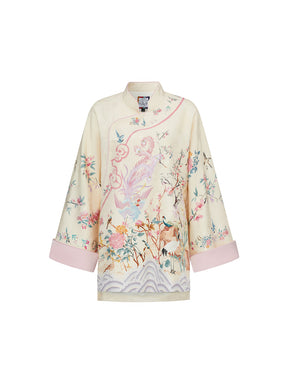 MUKZIN  Spring Prelude"Startling Swan Goose" Satin Printed Neo Chinese Style Cloak