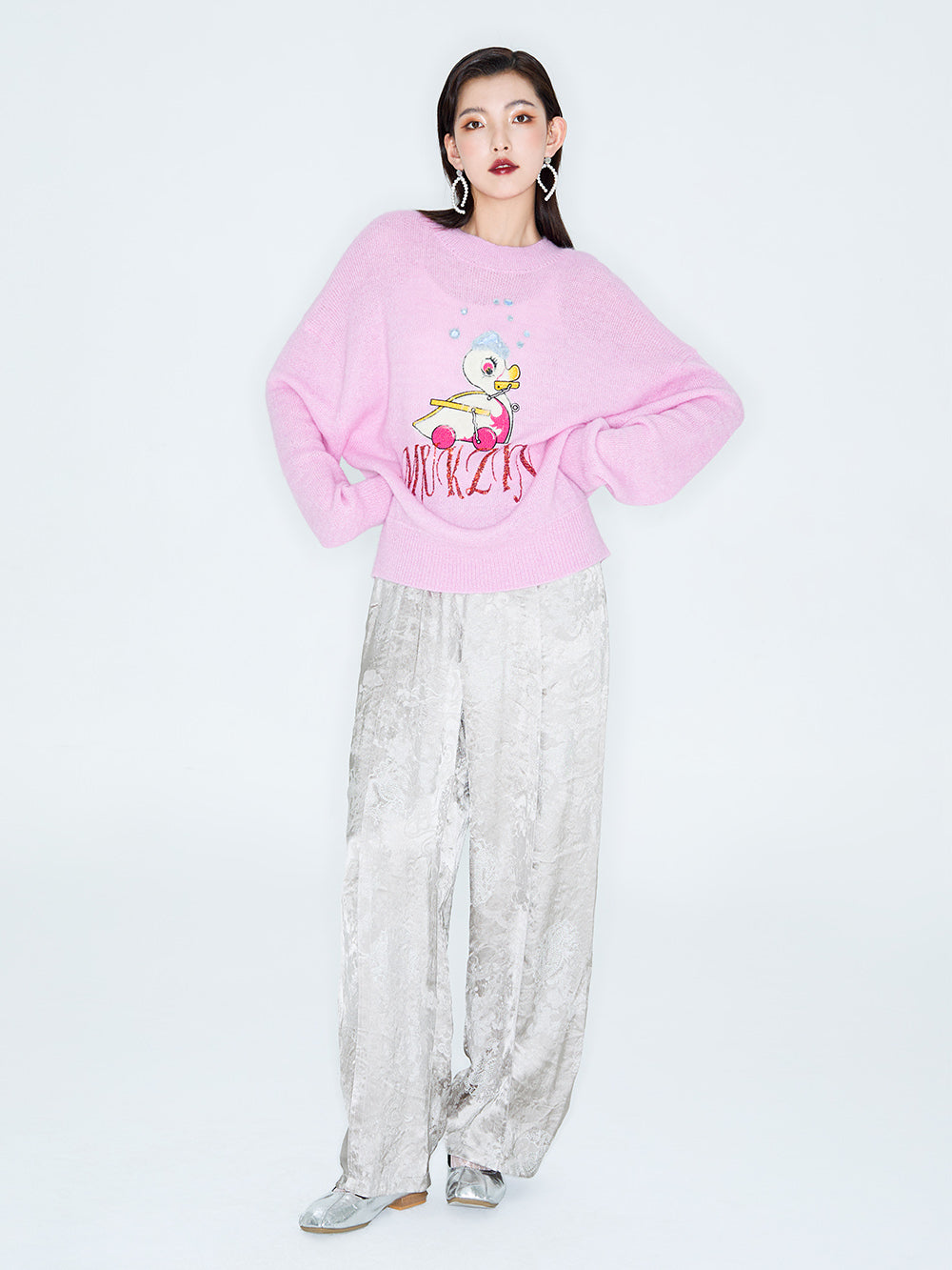 MUKZIN Linglong "Time Machine" Silhouette Crew Neck Cartoon Knit Blue Sweater