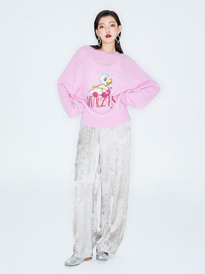 MUKZIN Linglong "Time Machine" Silhouette Crew Neck Cartoon Knit Blue Sweater