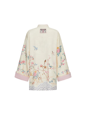 MUKZIN  Spring Prelude"Startling Swan Goose" Satin Printed Neo Chinese Style Cloak