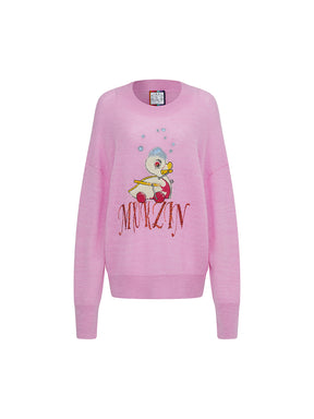 MUKZIN Linglong "Time Machine" Silhouette Crew Neck Cartoon Knit Blue Sweater