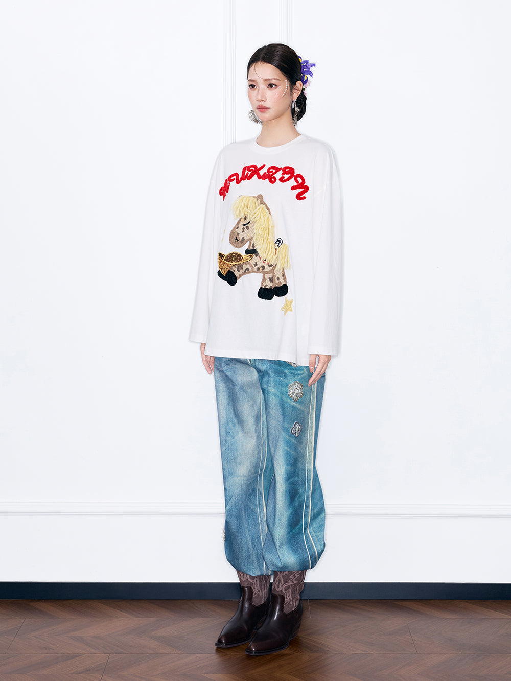 MUKZIN“Capsule Collection”Cute Cartoon Pony Embroidered Long-Sleeve T-Shirt
