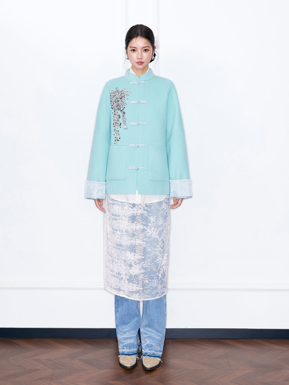 MUKZIN¡°Capsule Collection¡±Chinese Style Tang Suit Jacket, Embroidered Frog Button Wool Blend Coat for Women