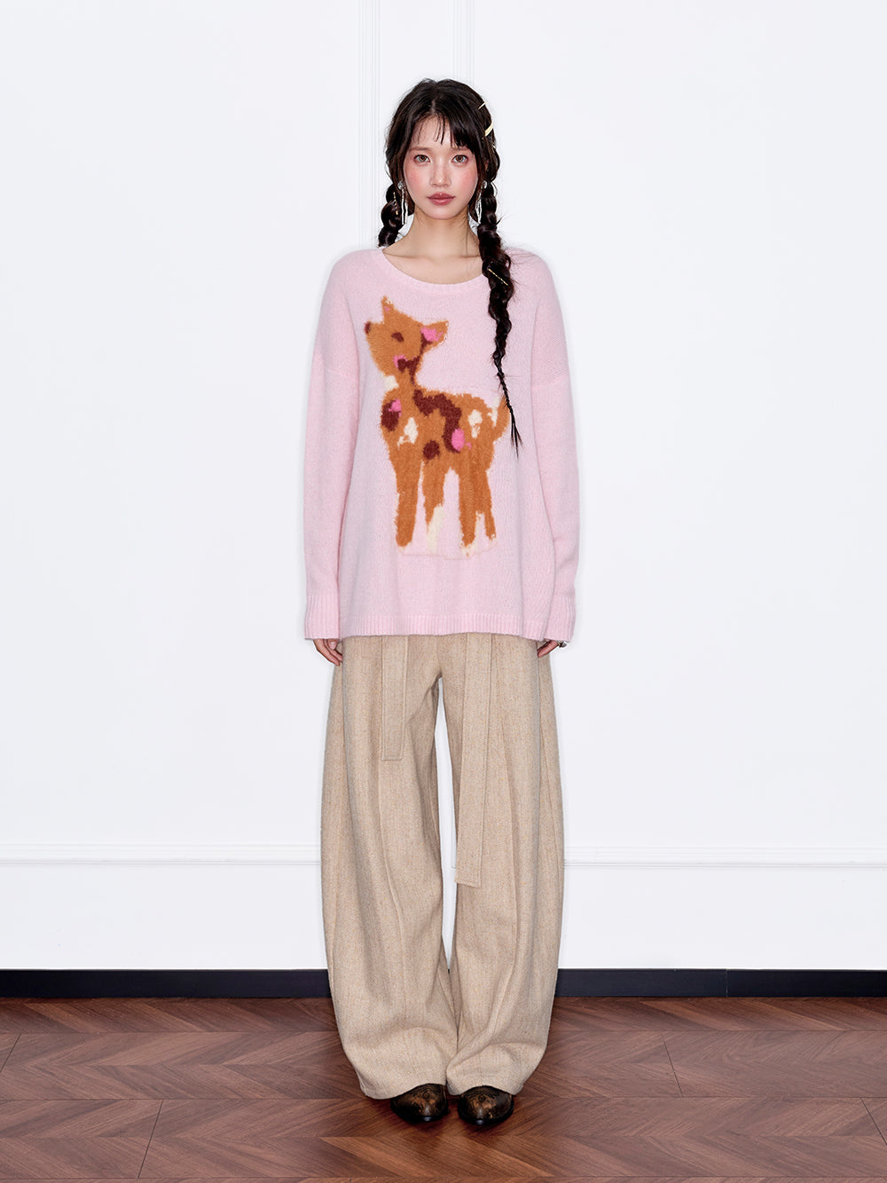 MUKZIN“The Sequence of Deer's Call”Light Blue/Soft Pink Deer Pattern Oversized Fuzzy Knit Sweater
