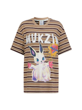 MUKZIN "Ode to the New Summer" Khaki Striped Cute Rabbit T - shirt