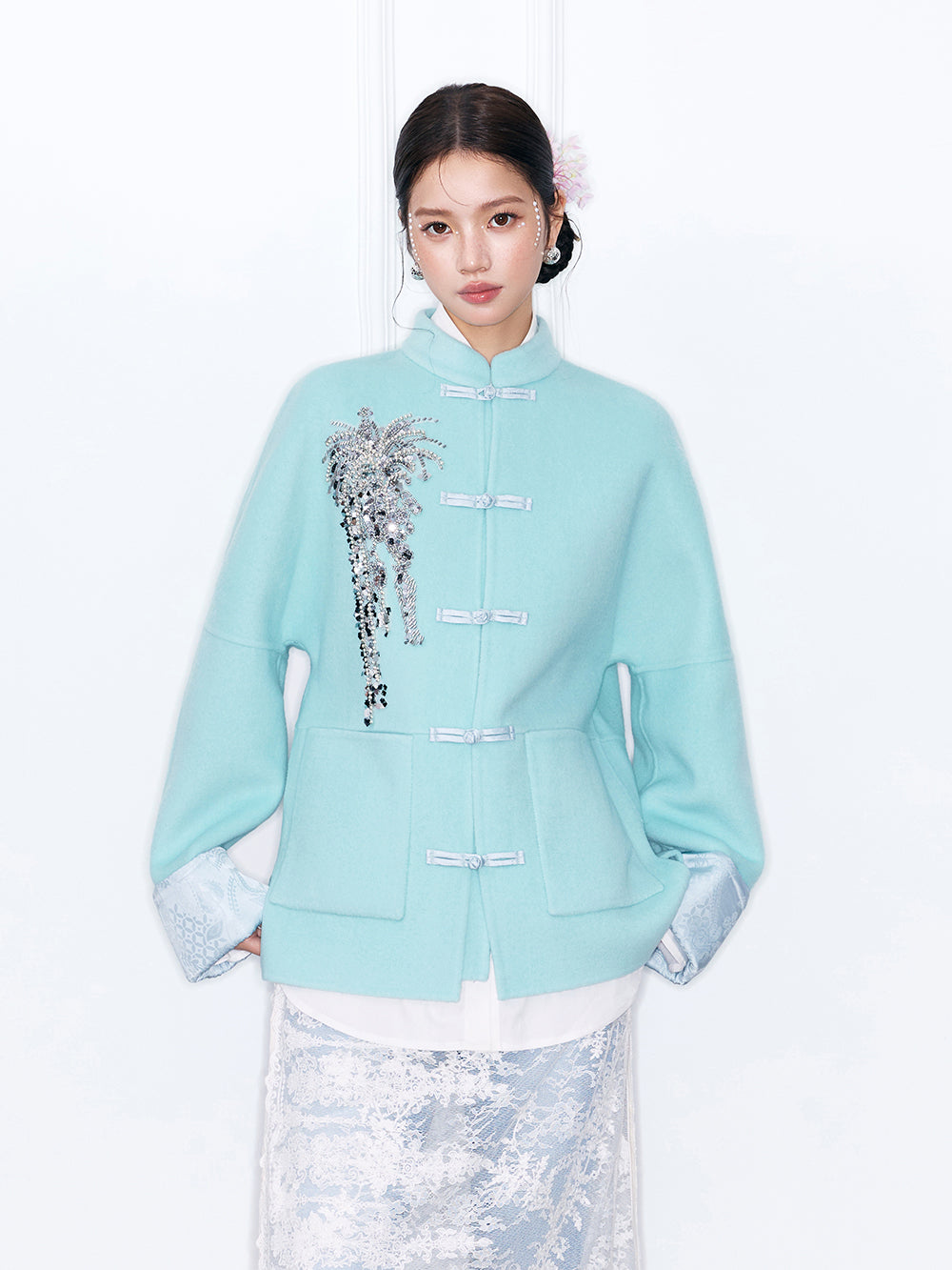 MUKZIN¡°Capsule Collection¡±Chinese Style Tang Suit Jacket, Embroidered Frog Button Wool Blend Coat for Women