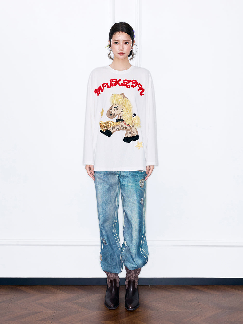 MUKZIN“Capsule Collection”Cute Cartoon Pony Embroidered Long-Sleeve T-Shirt