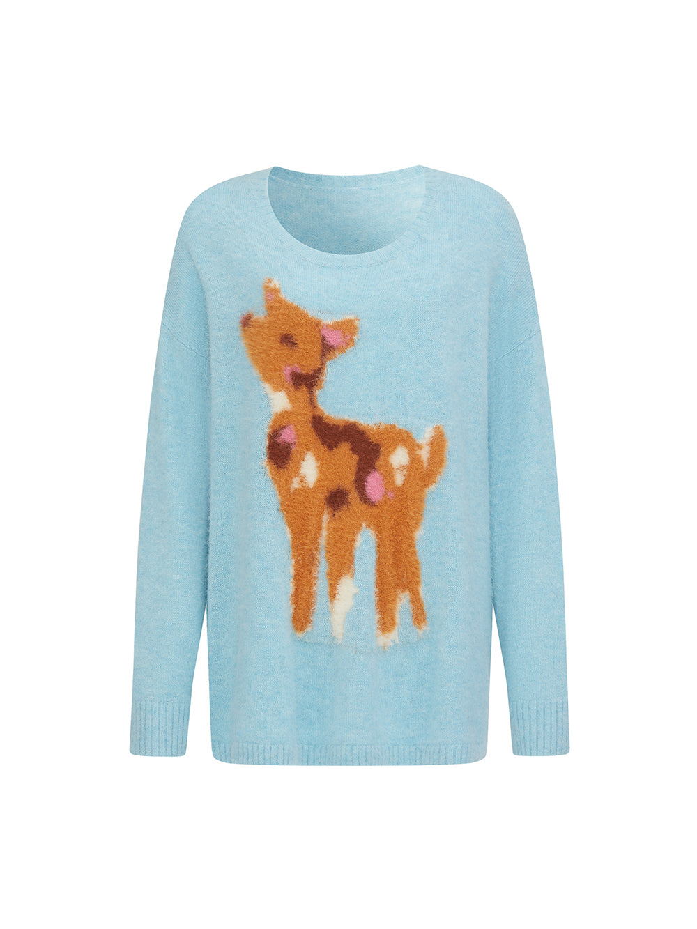 MUKZIN“The Sequence of Deer's Call”Light Blue/Soft Pink Deer Pattern Oversized Fuzzy Knit Sweater