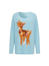MUKZIN“The Sequence of Deer's Call”Light Blue/Soft Pink Deer Pattern Oversized Fuzzy Knit Sweater