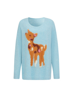 MUKZIN“The Sequence of Deer's Call”Light Blue/Soft Pink Deer Pattern Oversized Fuzzy Knit Sweater