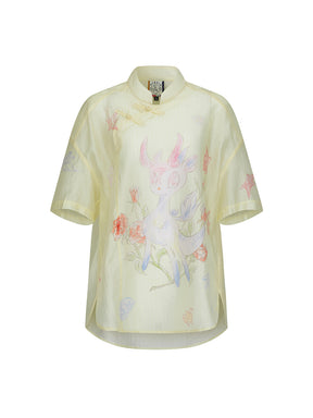 Mukzin "Ode To The New Summer"New Chinese-Style Shirt With Frog Buttons At The Collar And Printed Patterns