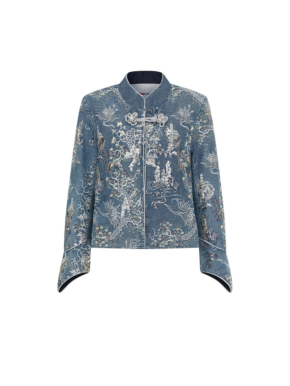 MUKZIN Linglong“Denim Series”Small A-Line Heavy Sequin Embroidered Denim Jacket