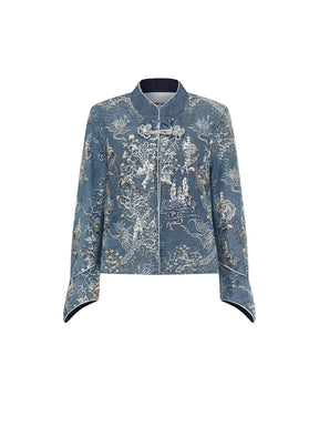 MUKZIN Linglong“Denim Series”Small A-Line Heavy Sequin Embroidered Denim Jacket