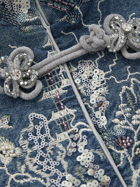 MUKZIN Linglong“Denim Series”Small A-Line Heavy Sequin Embroidered Denim Jacket