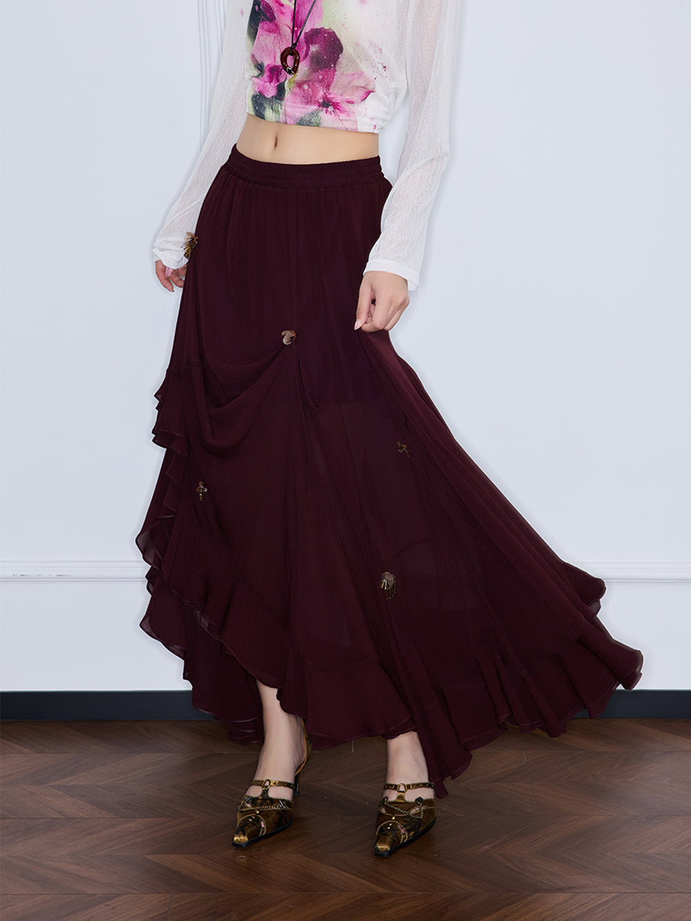 MUKZIN“Realm of Ethereal Mist”Burgundy irregular midi skirt