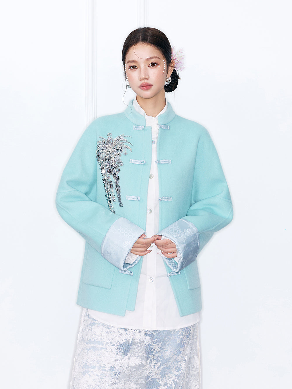 MUKZIN¡°Capsule Collection¡±Chinese Style Tang Suit Jacket, Embroidered Frog Button Wool Blend Coat for Women