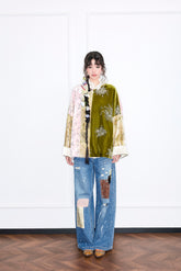 MUKZIN“Realm of Ethereal Mist”Color - Block Patchwork Velvet Embroidered Loose Top
