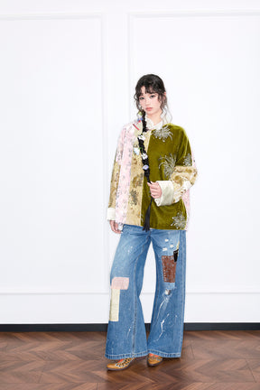 MUKZIN“Realm of Ethereal Mist”Color - Block Patchwork Velvet Embroidered Loose Top