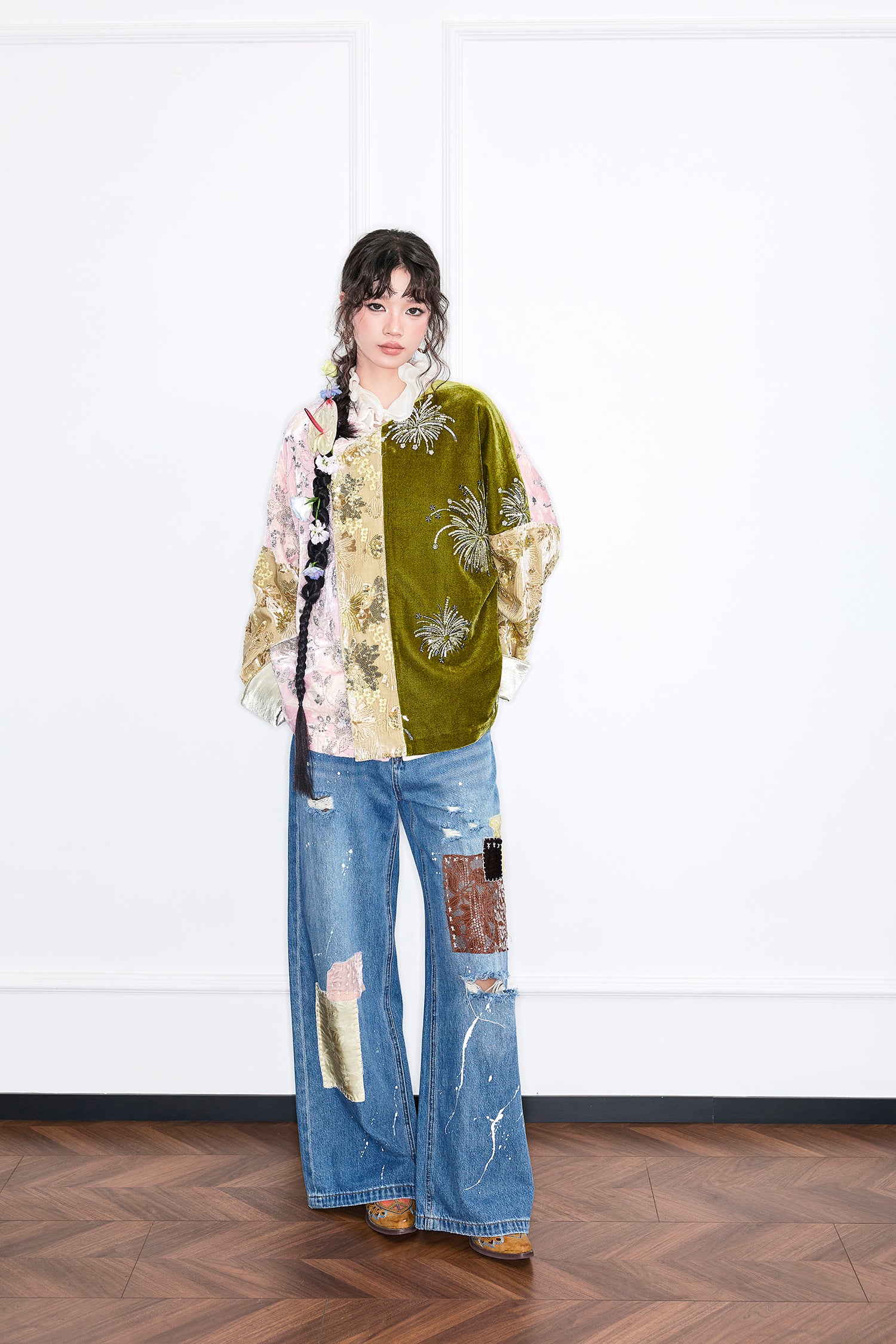 MUKZIN“Realm of Ethereal Mist”Color - Block Patchwork Velvet Embroidered Loose Top