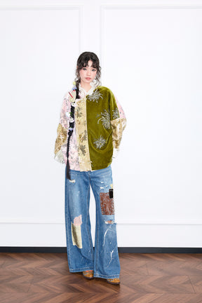 MUKZIN“Realm of Ethereal Mist”Color - Block Patchwork Velvet Embroidered Loose Top