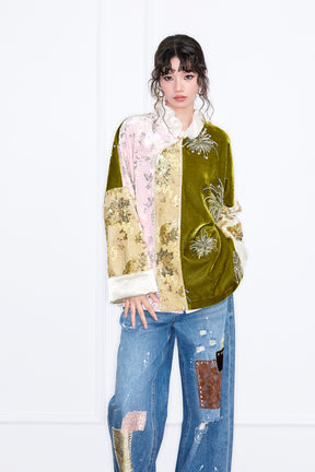 MUKZIN“Realm of Ethereal Mist”Color - Block Patchwork Velvet Embroidered Loose Top