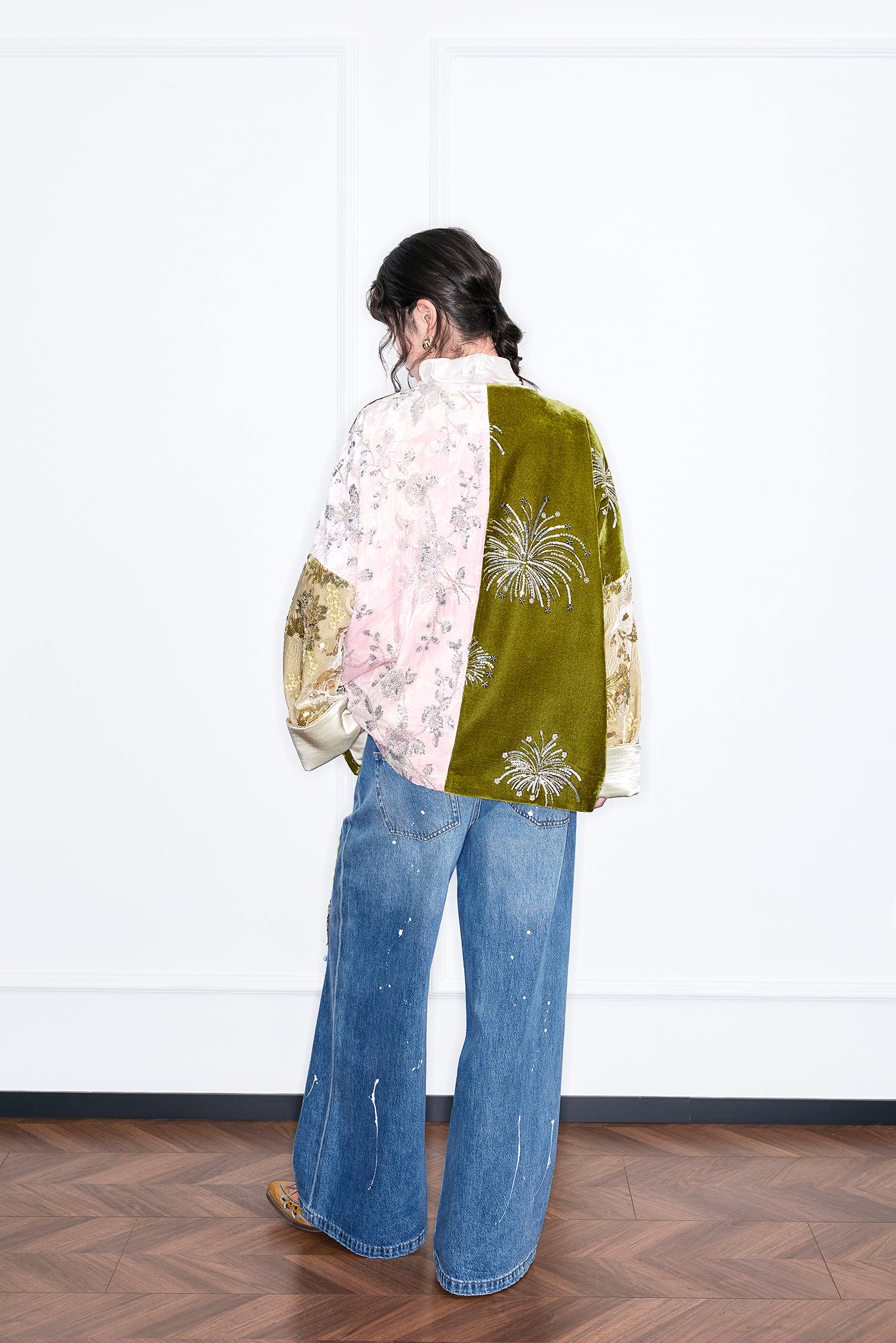 MUKZIN“Realm of Ethereal Mist”Color - Block Patchwork Velvet Embroidered Loose Top