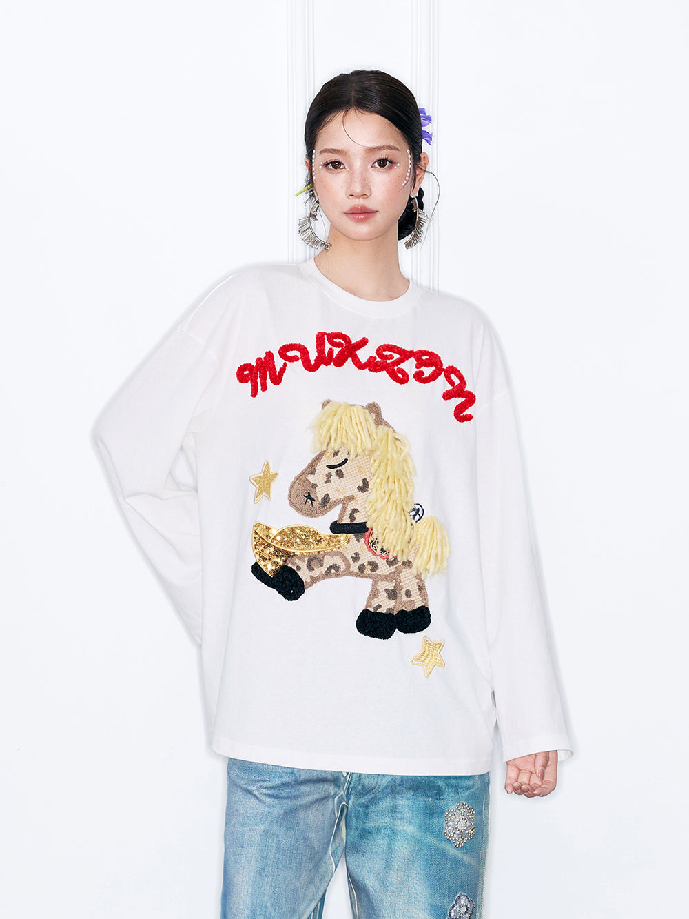MUKZIN“Capsule Collection”Cute Cartoon Pony Embroidered Long-Sleeve T-Shirt