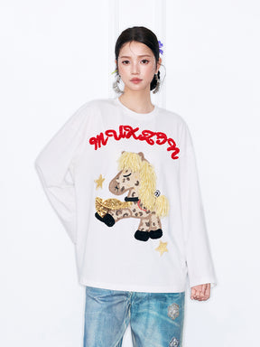 MUKZIN“Capsule Collection”Cute Cartoon Pony Embroidered Long-Sleeve T-Shirt
