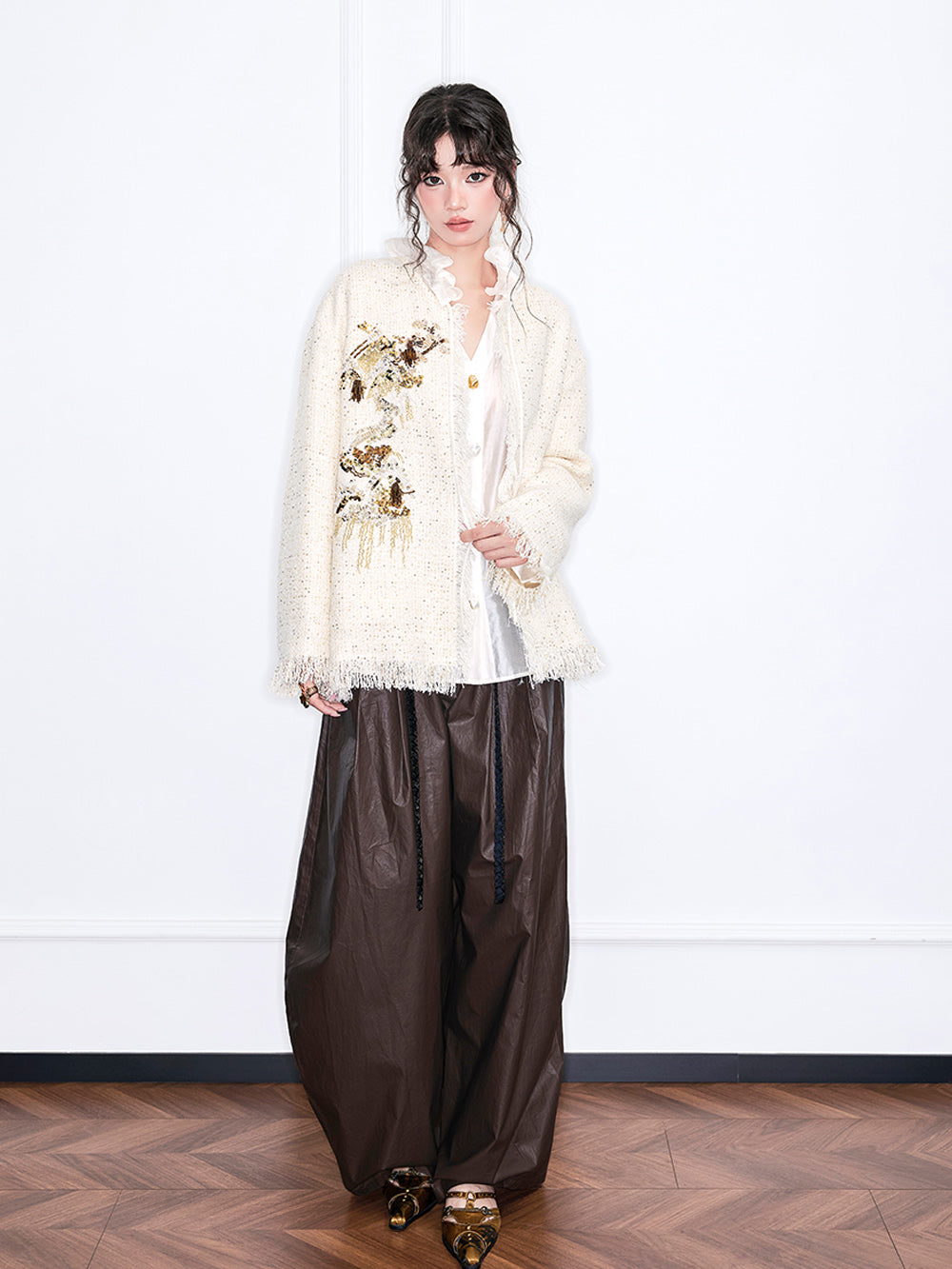 MUKZIN“Realm of Ethereal Mist”Off - White Tweed Cardigan with Sequin Embroidery and Fringes