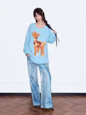 MUKZIN“The Sequence of Deer's Call”Light Blue/Soft Pink Deer Pattern Oversized Fuzzy Knit Sweater