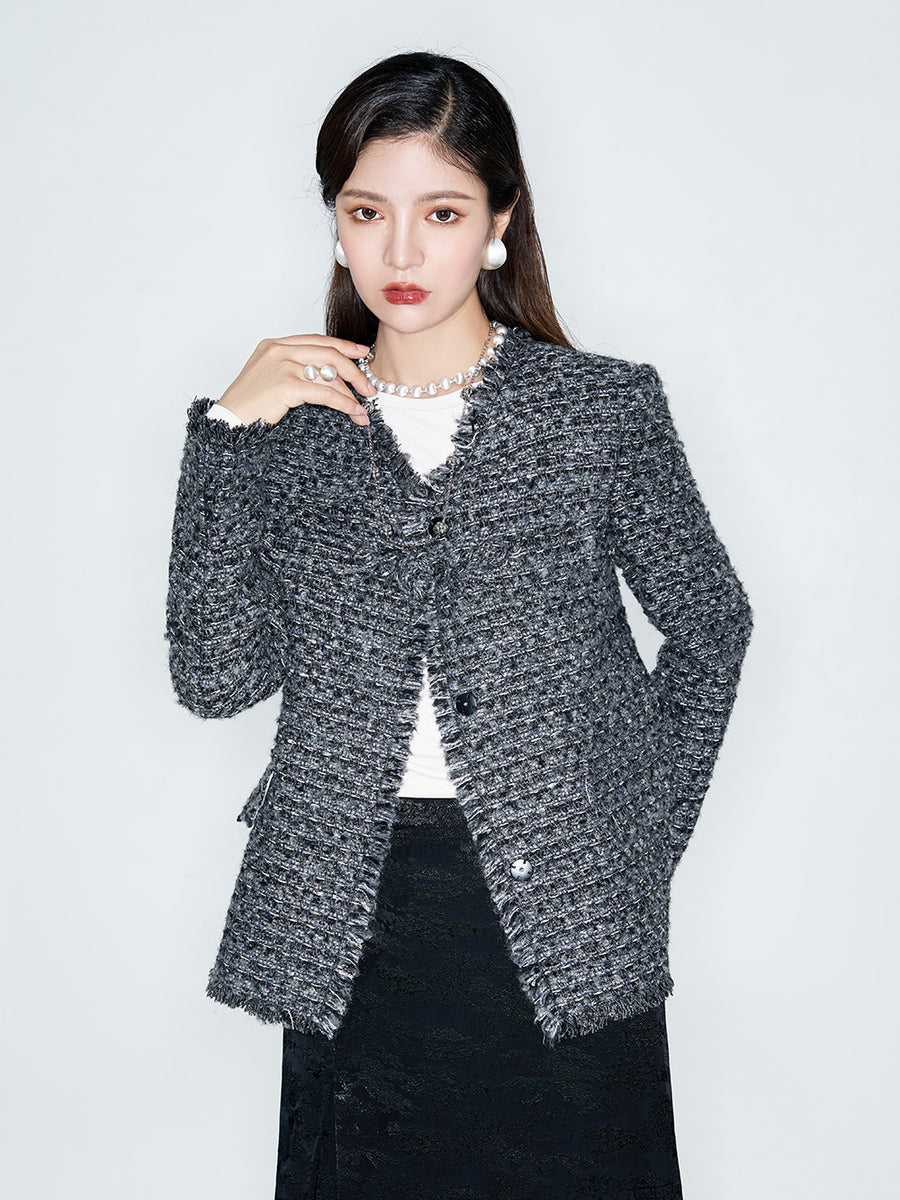 ジャケット・アウター block pattern tweed jacket MUKZIN Linglong New Chinese-style Tweed Chanel Style Jacket
