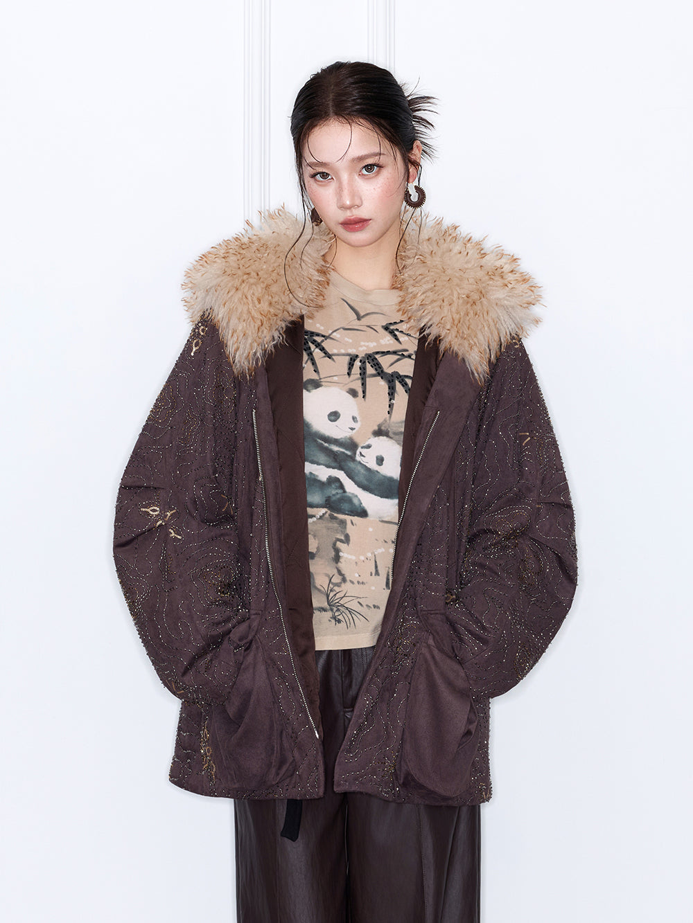 MUKZIN“Capsule Collection”Oversized Fur Collar Puffer Coat Coffee Metallic Print Casual Winter Jacket