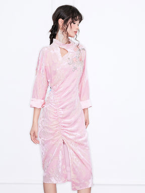 MUKZIN“Realm of Ethereal Mist”National Style Improved Pink Velvet Embroidered Hollowed-out Pleated Slit Dress