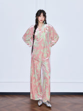 MUKZIN“Capsule Collection”Pink Velvet Chinese-Style Printed Wide-Leg Pants