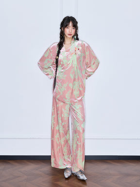 MUKZIN“Capsule Collection”Pink Velvet Chinese-Style Printed Wide-Leg Pants