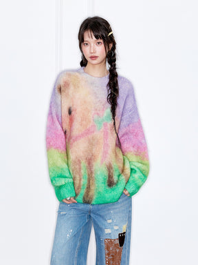 MUKZIN“The Sequence of Deer's Call”Rainbow Gradient Tie-Dye Pony Pattern Oversized Fuzzy Knit Sweater