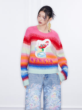 MUKZIN Spring Prelude"Flower Snake Brings Blessings" Short Rainbow Color-blocking Sweater