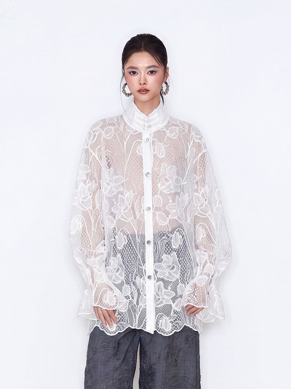 MUKZIN×Flourishing Blooms New Chinese-style V-neck white lace shirt