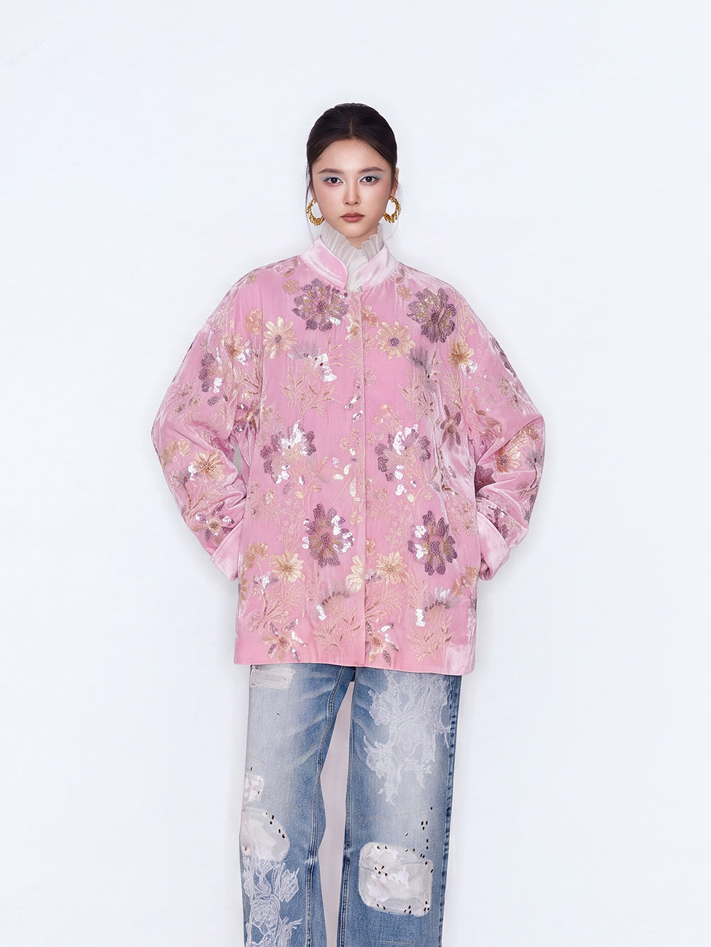 MUKZIN×Capsule Collection New Chinese-Style Pink Velvet Jacket with Floral Embroidery and Stand Collar