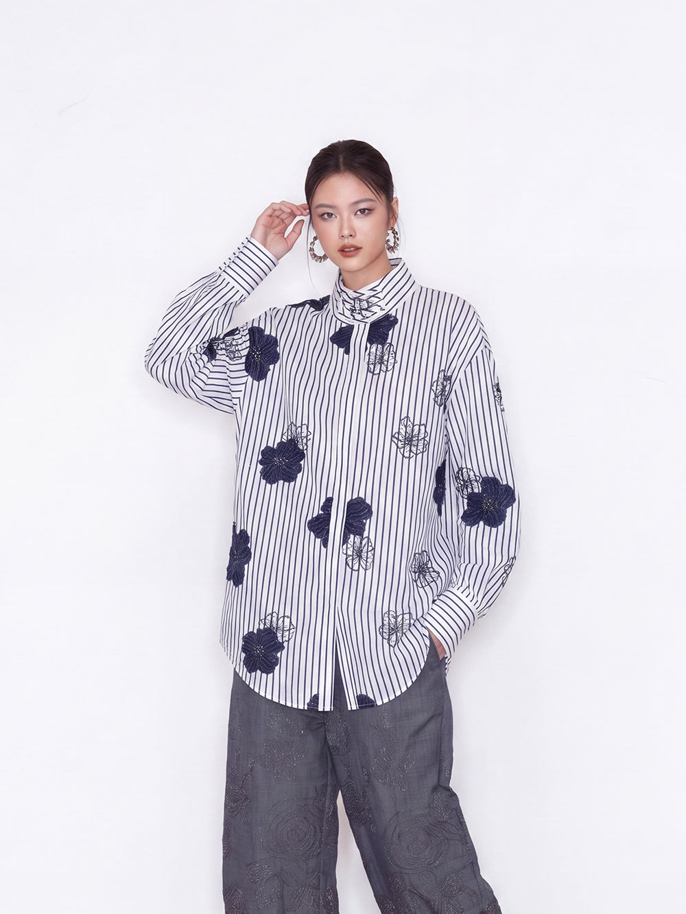 MUKZIN×Capsule Collection New Chinese-Style Embroidered Striped Long Sleeve Shirt