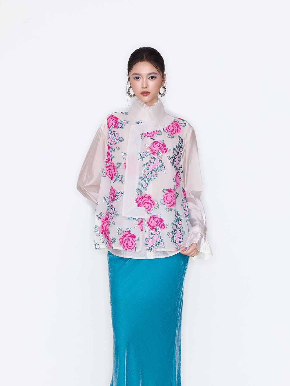 MUKZIN×Flourishing Blooms New Chinese-style loose and casual versatile glossy stand-up collar shirt